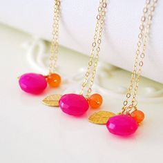 Hot Pink Bridesmaid Necklaces, Fuchsia Chalcedony, Orange Carnelian Gemstone, Gold Vermeil Leaf, Wed Pink Gemstone Beads Necklace For Wedding, Pink Birthstone Necklaces For Wedding, Pink Birthstone Necklace For Wedding, Hot Pink Bridesmaids, Bridesmaid Necklaces, Orange Carnelian, Bridesmaid Necklace, Happy Colors, Wedding Necklace