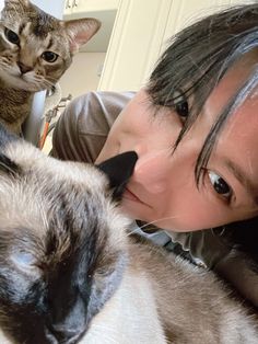 a woman laying on top of a bed next to a cat with her eyes closed