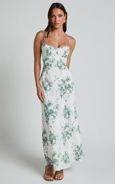 Bettina Midi Dress - Strappy Ruched Bust Slip Dress in Green and White Print Green And White Dress Outfit, Green And White Dresses, Green White Outfit, Graduation Guest Outfit Ideas, Floral Spring Dresses, Charleston Itinerary, Graduation Guest Outfit, Spring Floral Dress, Prom Dress Inspiration