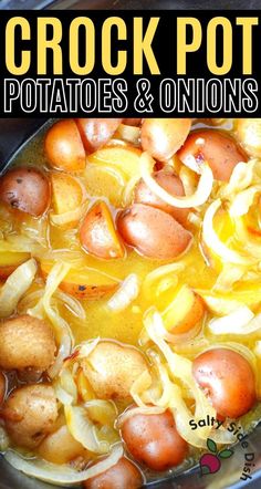 baby red potatoes and sliced onions in broth sitting in a slow cooker. Red Potatoes In Crockpot, Easy Red Potato Recipes, Slow Cook Potatoes, Potato Recipes Crockpot, Cooking Red Potatoes, Cooked Potatoes, Red Potato Recipes, Slow Cooker Potatoes