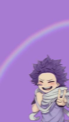 an anime character with purple hair and a rainbow in the background, giving thumbs up