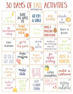 the 30 days of fall activities for kids to do with each other, including pumpkins and