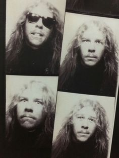 four black and white photographs of long haired men with sunglasses on their heads, from the front to the back