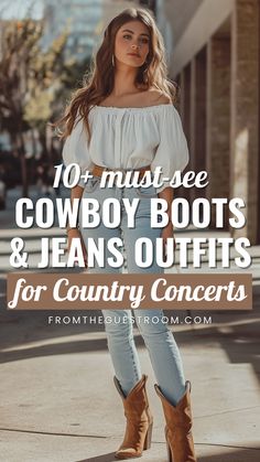 a woman wears jeans and cowboy boots for country concert, western outfits