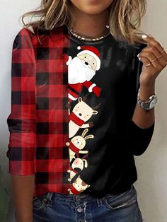 Shop Affordable Women T-shirts Spring/Fall T-shirt Long Sleeve Casual T-shirt Christmas T-shirt Loose Daily Crew Neck On Justfashinnow.com Red Fall, Women Christmas, Red Style, Weekend Style, Spring Shirts, Casual Spring, Long Sleeve Tees Women, Christmas Women, Christmas Tshirts