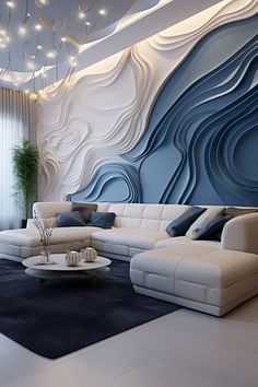 a modern living room with blue and white decor