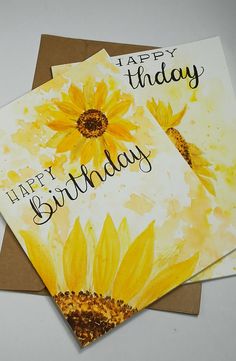 three cards with sunflowers and the words happy birthday written on them