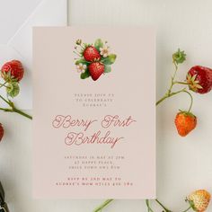 a pink birthday card with strawberries on it