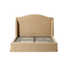 an upholstered bed frame with no headboard and foot board in beige fabric