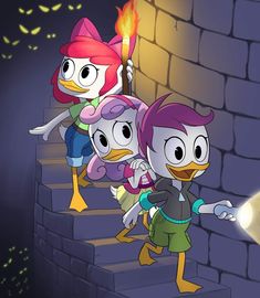 three cartoon characters are climbing the stairs in front of a lit candle on halloween night