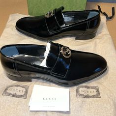 Shoes Are Like New, Tried Once Black Patent Leather Round Interlocking G Hardware Leather Sole 100% Authentic Gucci Formal Leather Shoes With Rubber Sole, Luxury Gucci Men's Shoes With Rubber Sole, Gucci Black Leather Loafers, Luxury Black Gucci Loafers, Men’s Gucci Loafers, Shoes Gucci, Gucci Men, Gucci Shoes, Black Patent Leather