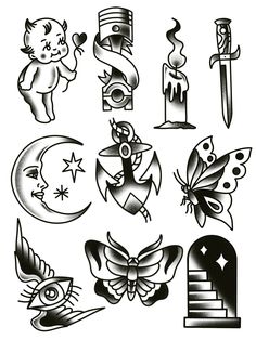 an assortment of tattoo designs on a white background