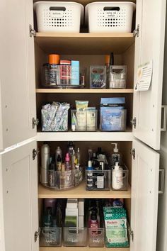 bathroom closet organization How To Organize Open Bathroom Shelves, Diy Bathroom Closet Organization, Deep Shelves Organization Bathroom, Primary Bathroom Organization, Organize Toiletries Closet, Bathroom Cupboards Storage, Organizing Toiletries Closet, Bathroom Stuff Organization, Bathroom Storage No Closet