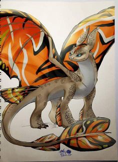 a drawing of a dragon with orange wings