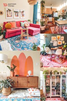 the interior of a living room and dining room are decorated in bright colors, including oranges, pinks, blues, and greens