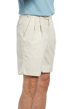 Crisp pleats refine the look of these versatile shorts made from soft, lightweight poplin. 9" inseam; 24" leg opening; 11 3/4" front rise Zip fly with button closure Front slant pockets; back button-welt pockets 65% polyester, 35% cotton Machine wash, tumble dry Imported Men's Clothing Poplin Shorts, Light Tan, Welt Pockets, Welt Pocket, Cargo Shorts, Men's Clothing, Mens Short, Nordstrom, Mens Outfits