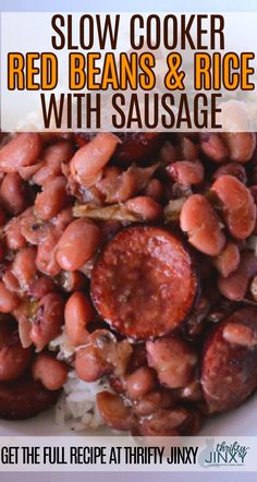 red beans and rice with sausage in a white bowl