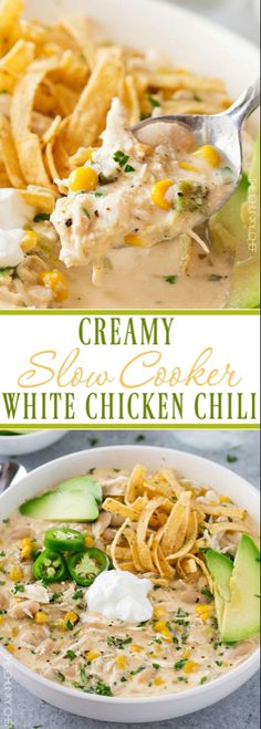 slow cooker creamy white chicken chili is an easy and delicious soup that's ready in under 30 minutes