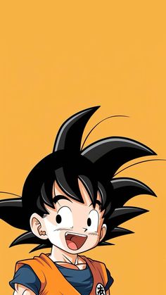 a cartoon character with black hair and an orange shirt is standing in front of a yellow background