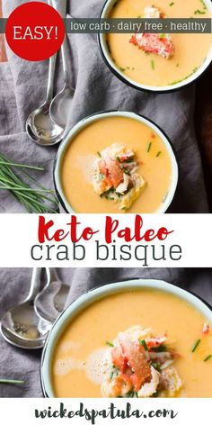 three bowls of soup with different toppings on them and the words keto palee crab biscuit