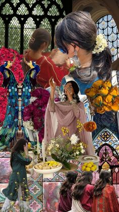 a collage of images with flowers and angels in the background, including an angel statue