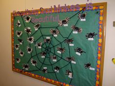 a green bulletin board with lots of black and white pictures on it's sides