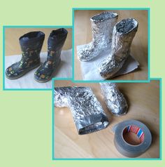 four pictures of different types of shoes and duct tape