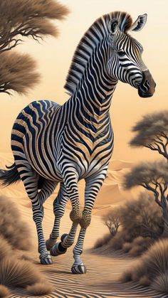 a painting of a zebra running in the desert