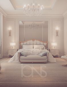 a large white bed sitting inside of a bedroom next to a chandelier and two lamps