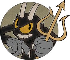 an image of a black and white cat with horns on it's head holding a gold arrow