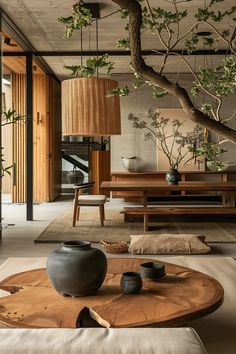 a living room filled with furniture and a large tree in the middle of the room