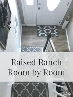 an overhead view of a staircase with the words raised ranch room by room on it