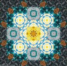 an image of a cross stitch pattern in blue, yellow and grey colors with the center surrounded by smaller circles