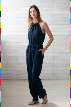 100% pure linen Italy. Linen jumpsuit. Flax jumpsuit. Linen | Etsy Fitted Linen Jumpsuits And Rompers With Pockets, Linen Dungarees, Jumpsuit Linen, Linen Overalls, Womens Jumpsuits Casual, Womens Jumpsuits, Vacay Outfits, Linen Romper, Navy Linen