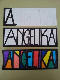 two pieces of paper with the words angelika written in different colors and shapes on them