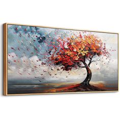 an abstract painting of a tree with red leaves flying in the wind on a white background