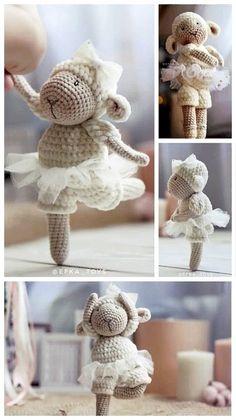 crocheted stuffed animal in white dress with flowers on it's head and legs