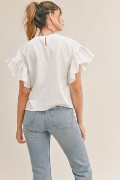 Ruffle sleeve top and asymmetrical ruffle hem detail front peplum t-shirt top.