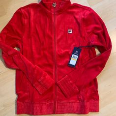 2000s Fila Red And White Velour Zip Up Jacket Size Small New With Tags Red Long Sleeve Track Jacket For Spring, Red Long Sleeve Spring Track Jacket, Fitted Red Track Jacket For Winter, Fila Jacket, Zip Up Jacket, Zip Ups, Red And White, Jackets & Coats, Jackets For Women