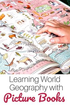 an open book with the title learning world geography with picture books