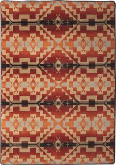 an orange and black area rug with geometric designs on the bottom, in different colors