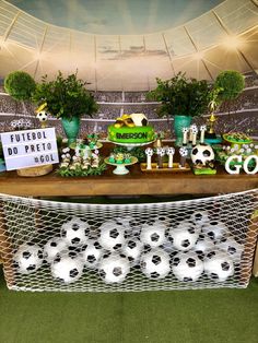 a table topped with lots of soccer balls