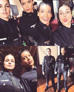 several pictures of women dressed in police uniforms and making funny faces for the camera man