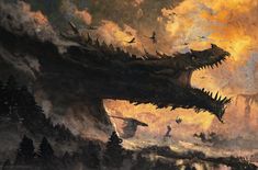 a painting of a giant dragon flying through the sky