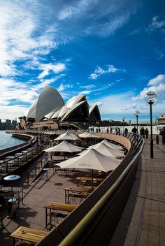 tables and umbrellas are set up along the waterfront in front of the sydney opera house