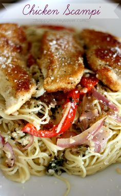 chicken scampi with red peppers, onions and parmesan cheese on top