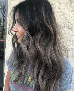 Black Hair Balayage Ideas, Black Hair With Cool Toned Highlights, Ash Brown Babylights On Dark Hair, Ash Balayage, Formal Skirts, Styling Skirts, Ashy Hair