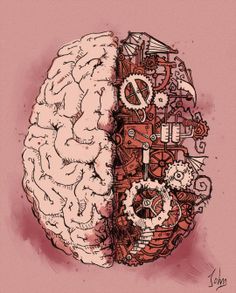 the left and right side of a brain, with gears on it's side