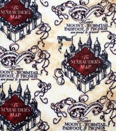 the marader's map is shown in red and black on white paper with scroll designs