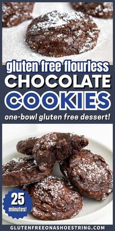 a plate piled high with chocolate cookies sprinkled with powdered sugar Flourless Desserts, Flourless Chocolate Cookies, Gluten Free Dessert, Best Gluten Free Desserts, Flourless Cookies, Bake Sale Recipes, Lunchbox Treats, Fudge Cookies, Gluten Free Desserts Recipes